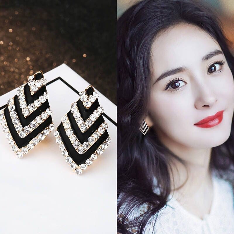 6 Pairs - Rhombus Black White Striped Rhinestone Earrings (1 Pair Price - 23)