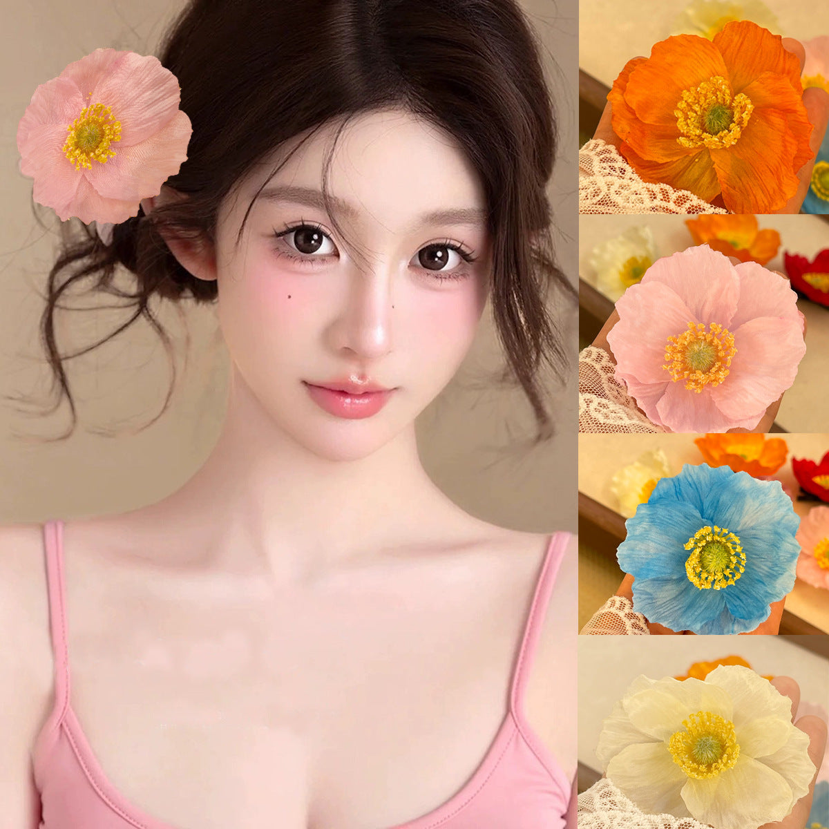 6 Pc - Spring and summer new poppy flower hairpin opp packing (1 Pc Price - 16)