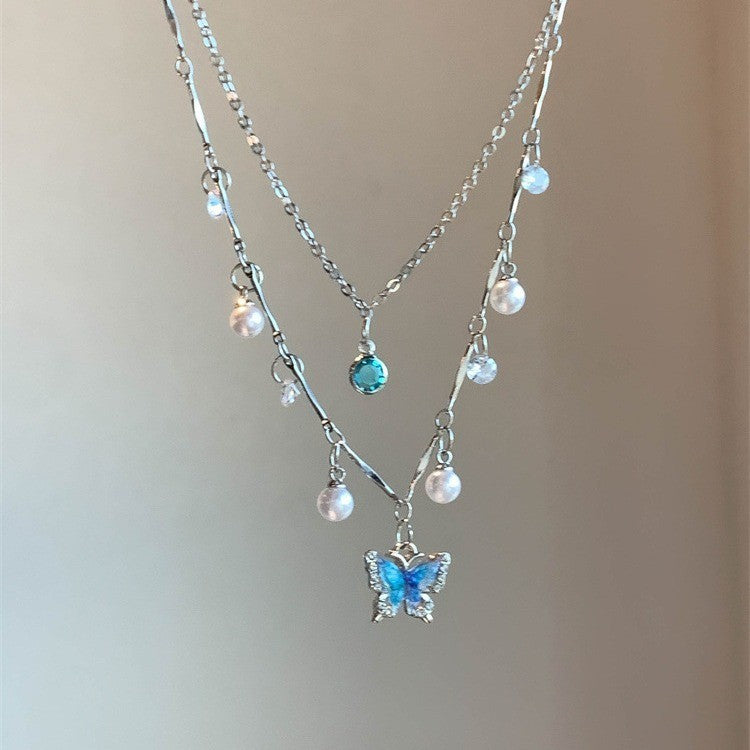 6 Pc - French-style sea blue pearl butterfly necklace (1 Pc Price - 62)