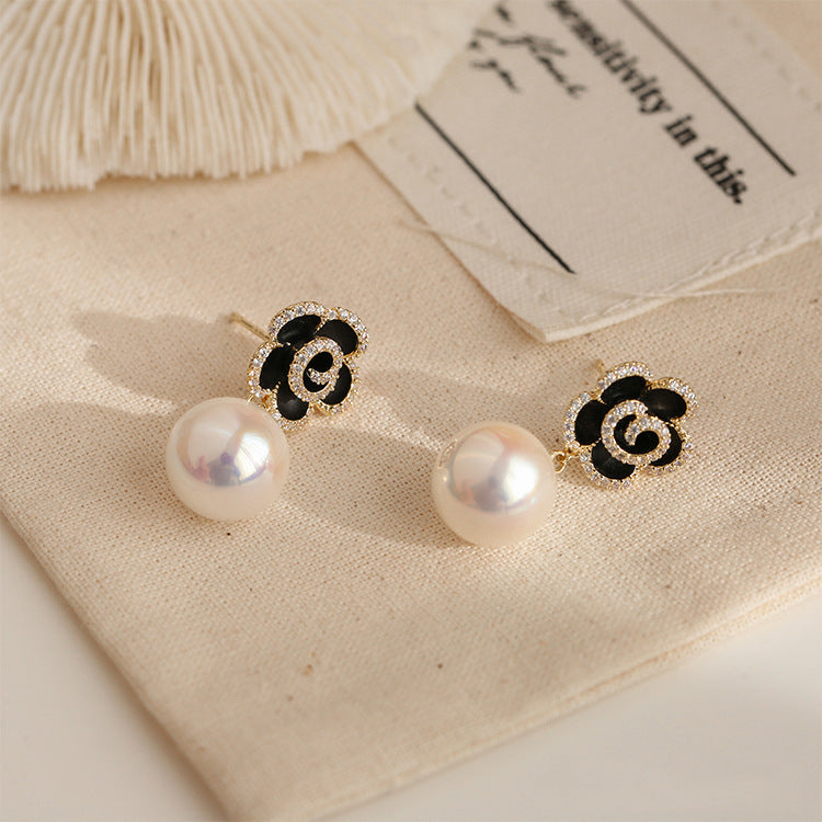 6 Pairs - Korean Black Rose Flower Pearl Earrings (1 Pair Price - 30)