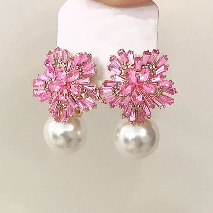 6 Pairs - Spring Camellia Snowflake Sparkling Diamond Pearl Stud Earrings (Mix Color)  (1 Pair Price - 66)
