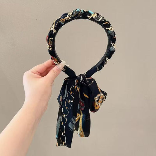 3 Pc - Retro printed ribbon tooth comb headband hair tie - Black (Unit Price - 33)