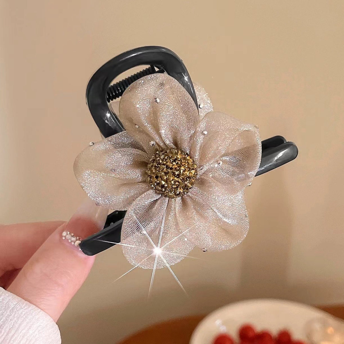 6 Pc - Mesh camellia rhinestone grip clip (Mix Color) (1 Pc Price - 29)