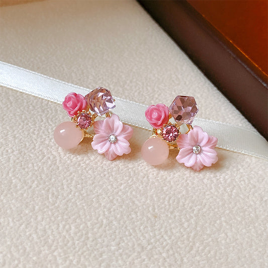 12pcs- Retro crystal flower earrings - Pink (Unit Price -33)