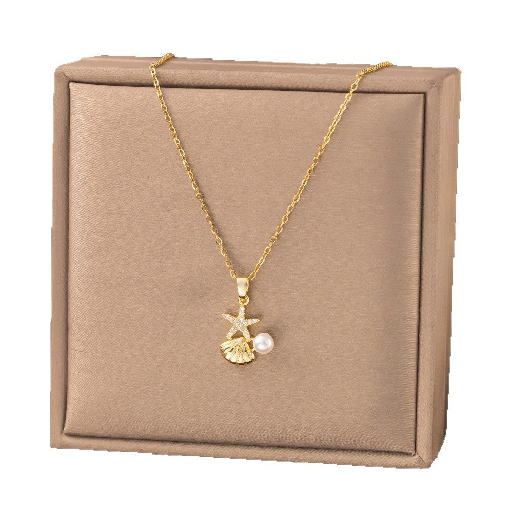 3 Pc - Anti Tarnish Zircon Starfish Pearl Necklace (1 Pc Price - 62)