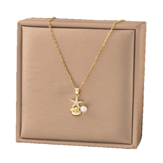 3 Pc - Anti Tarnish Zircon Starfish Pearl Necklace (1 Pc Price - 62)