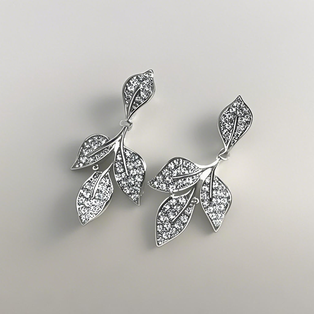 6 Pairs - Retro Full Diamond Leaf Earrings - Silver  (1 Pair Price - 32)