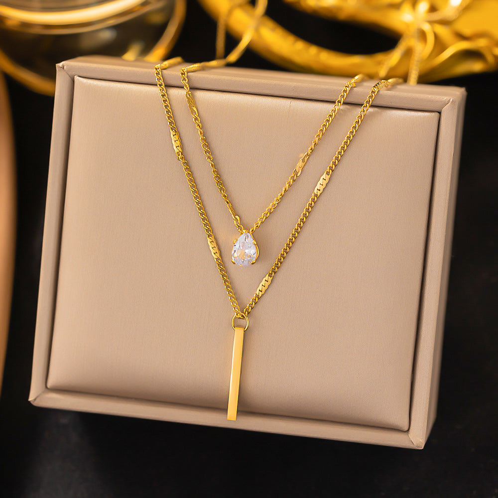 3 Pc - Anti Tarnish Double-layered water drop square bar necklace - Gold (1 Pc Price - 113)