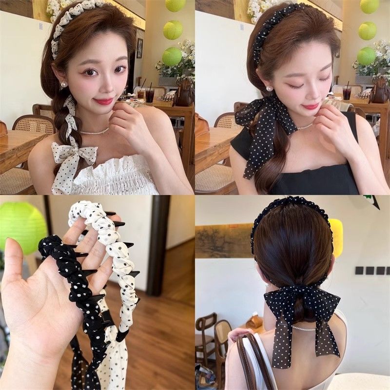 3 Pc - French polka dot ribbon tooth comb headband hair tie - Black (Unit Price - 31)