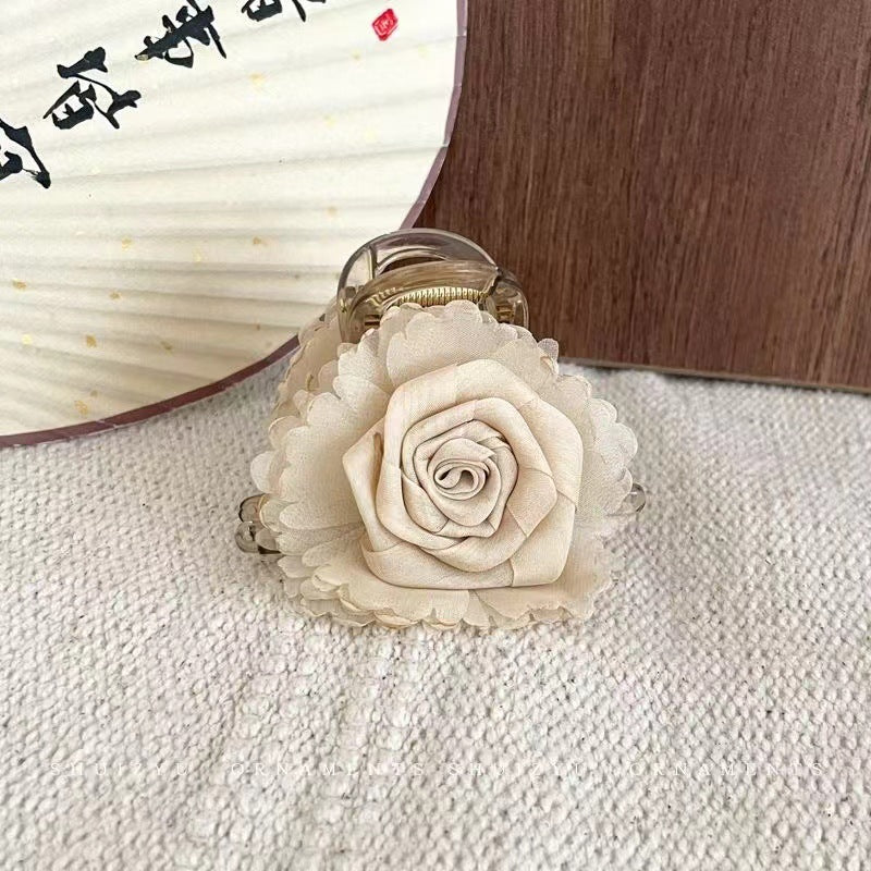 3 Pc - Fairy-Style Tulle Rose Acrylic Hair Clip Cluther - Milky White (1 Pc Price - 40)