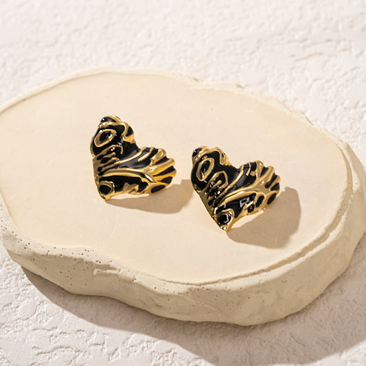 3 Pairs - Colorful Oil Drop Stainless Steel Heart Earrings - Black (1 Pair Price - 51)