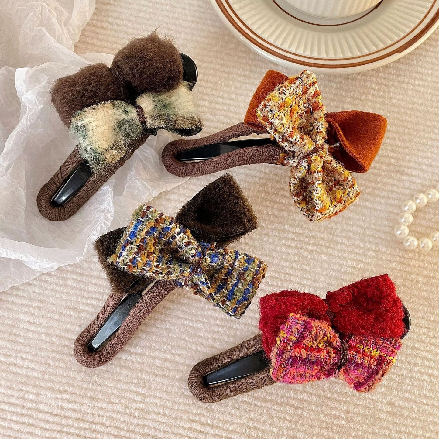 6 Pc - Tiktok Trending Chanel-Style Bow Plush Duckbill Hair Clip (Mix Color) (Unit Price - 29)