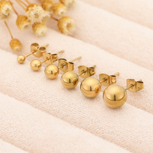 3 Pairs - Bean round bead earrings 8mm - Golden (Unit Price - 25)