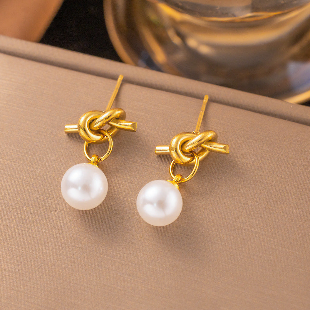 3 Pairs - Anti Tarnish Knotted pearl earrings gold (1 Pair Price - 66)