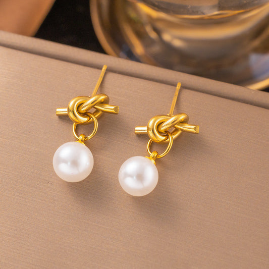 3 Pairs - Anti Tarnish Knotted pearl earrings gold (1 Pair Price - 66)