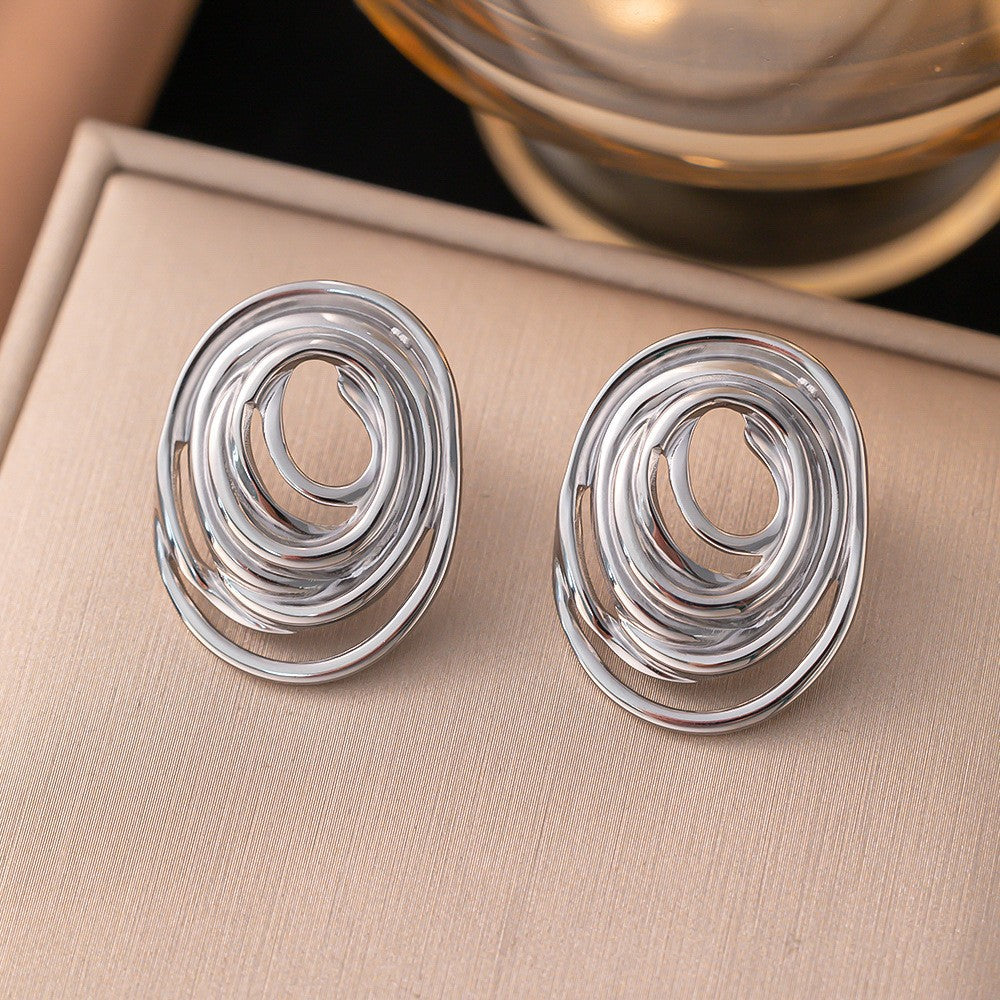 3 Pairs - Anti Tarnish Oval line earrings Silver (1 Pair Price - 74)