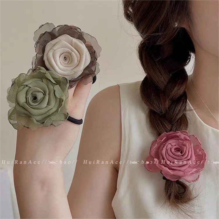 3 Pc - New French Retro Rose Flower Girls Hair Rope - Green (1 Pc Price - 19)