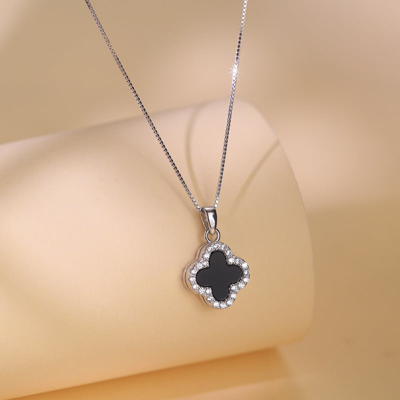 3 Pc - Anti Tarnish Black and white four-leaf clover box chain necklace - silver (1 Pc Price - 74)