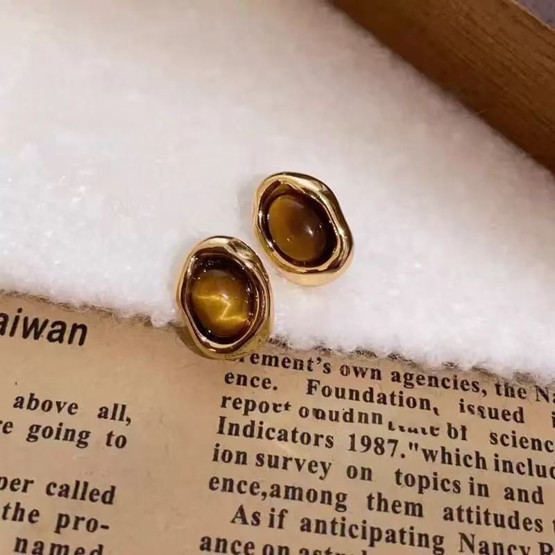 6 Set - Caramel chestnut Maillard style tiger eye stone oval earrings (Unit price 20)