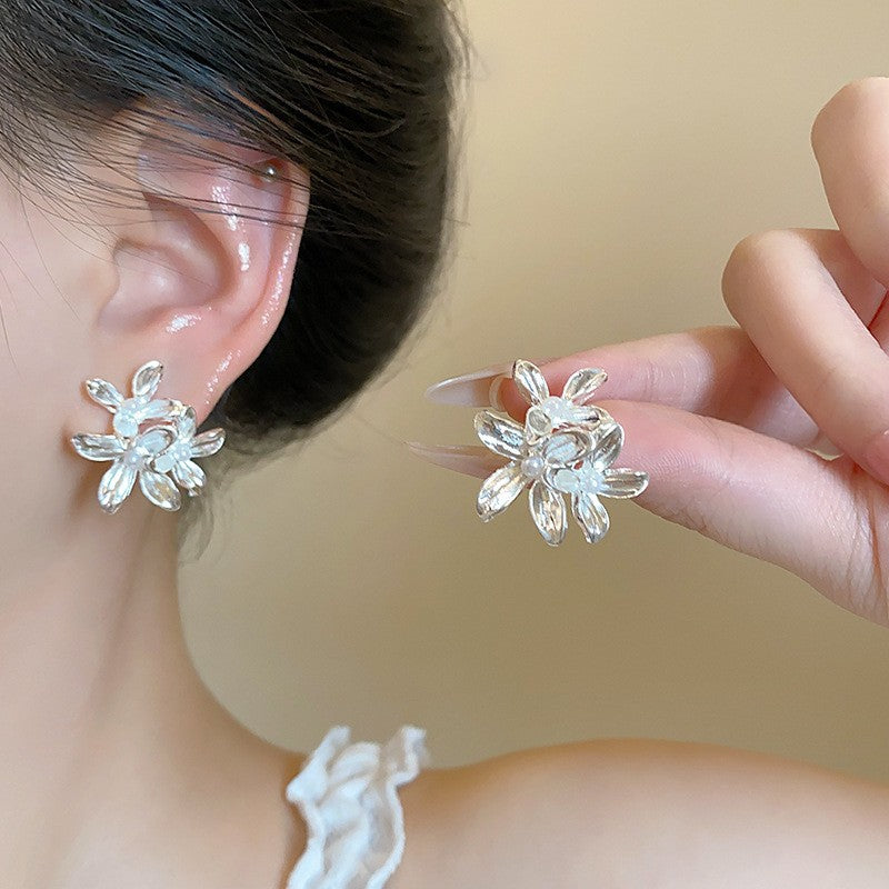 6 Pairs - Korean Style Exaggerated Flower Earrings - Silver (1 Pair Price - 39)