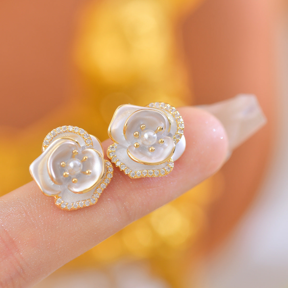 6 Pairs - Dripping Glaze Silver Needle Pink Rose Flower Pearl Earrings (Mix Color)  (1 Pair Price - 32)