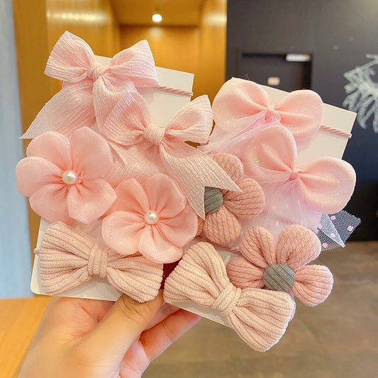 Children's fabric flower bow hair rope - Pink (10 pc set)