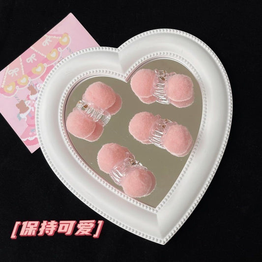 6 Pc - Cute plush ball hairpin - Pink