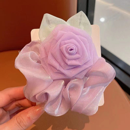 3 Pc - Hand-Woven Fabric Rose Flower Women's Back Head Hair Tie - Purple Rose (1 Pc Price - 34)