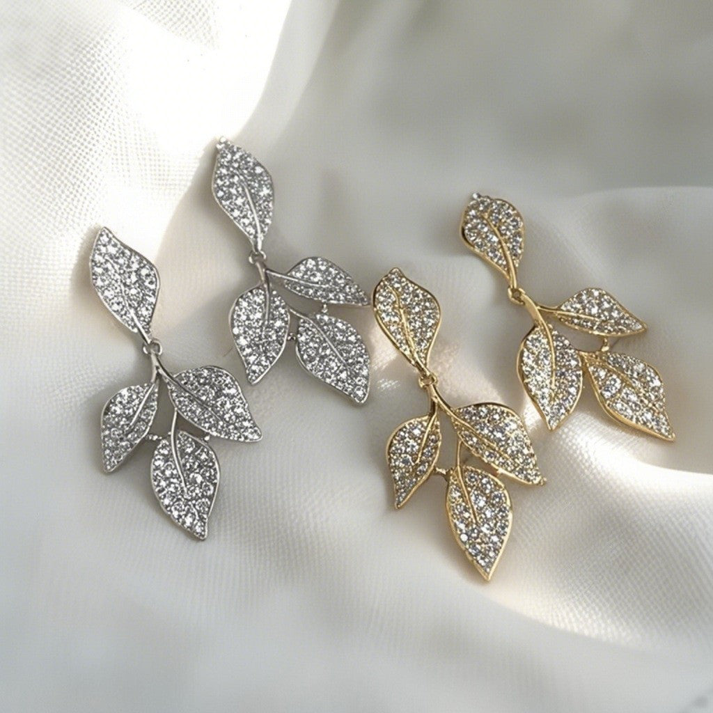 6 Pairs - Retro Full Diamond Leaf Earrings - Silver  (1 Pair Price - 32)