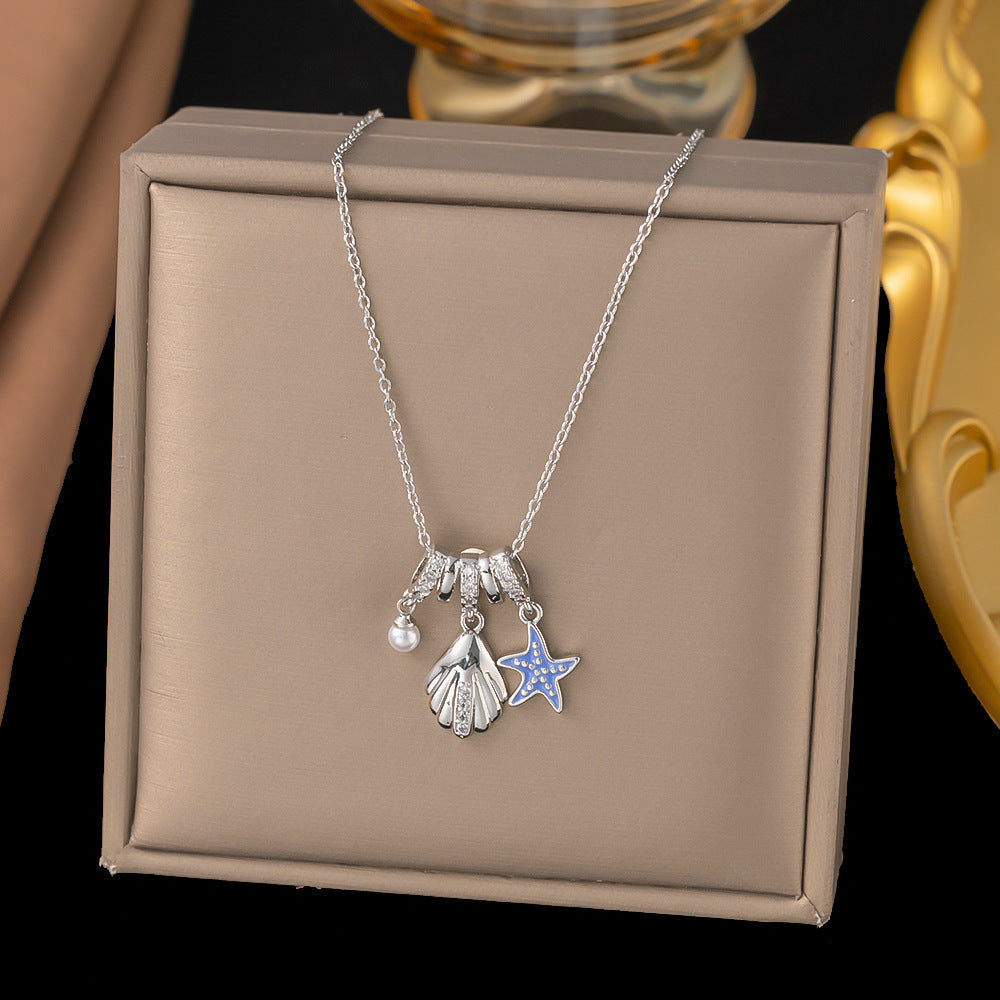 3 Pc - Anti Tarnish Pearl starfish necklace silver (1 Pc Price - 94)