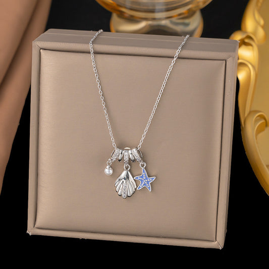 3 Pc - Anti Tarnish Pearl starfish necklace silver (1 Pc Price - 94)