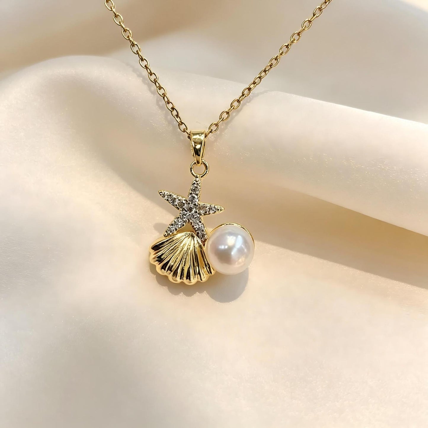 3 Pc - Anti Tarnish Zircon Starfish Pearl Necklace (1 Pc Price - 62)