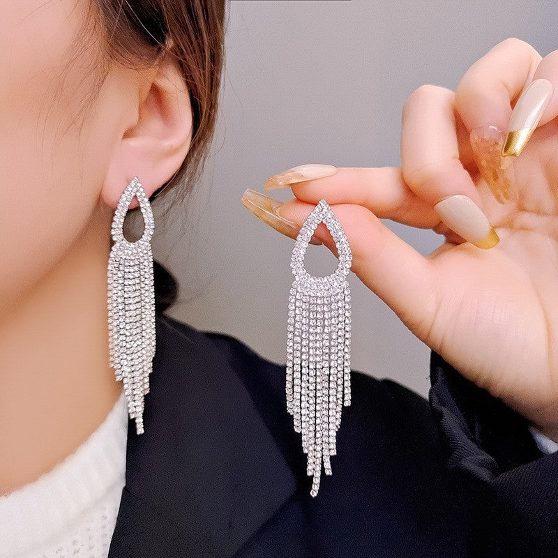 6 Pairs - Water Drop Full Diamond Long Tassel Luxury Earrings (1 Pair Price - 69)
