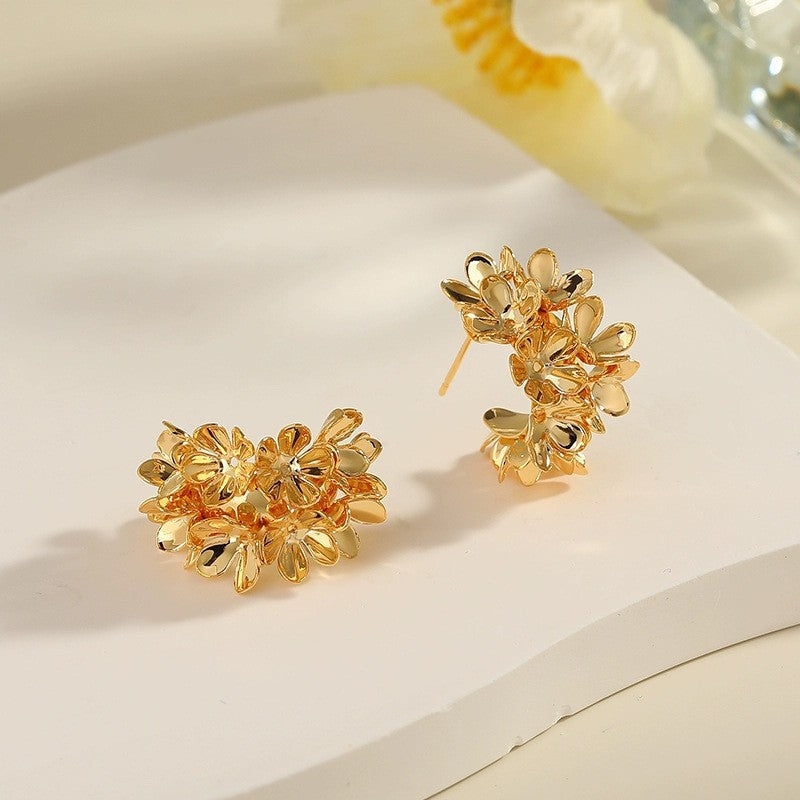 6 Pairs - Floral Cluster Flower C-Shaped Earrings - Golden (1 Pair Price - 30)