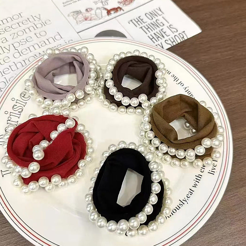 10 Pc - Soft and High Elastic Small Chanel Style Pearl Wide Mask Hair Ring Rubberband (Mix Color OPP bag) (Unit Price 10)