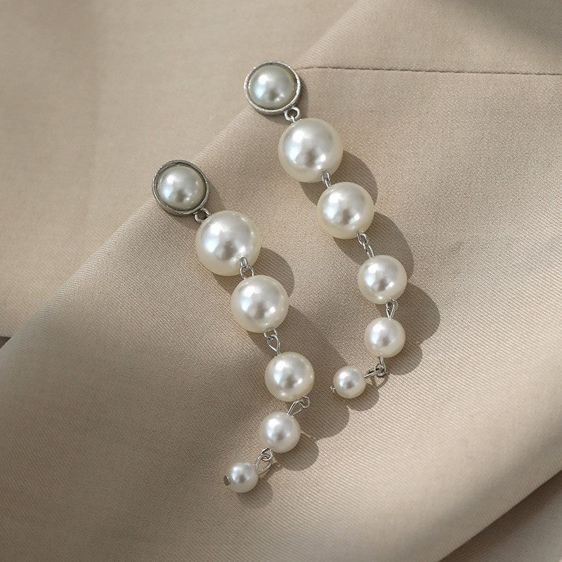 6 Pairs - Exaggerated Pearl Long Earrings - Silver (1 Pair Price - 30)