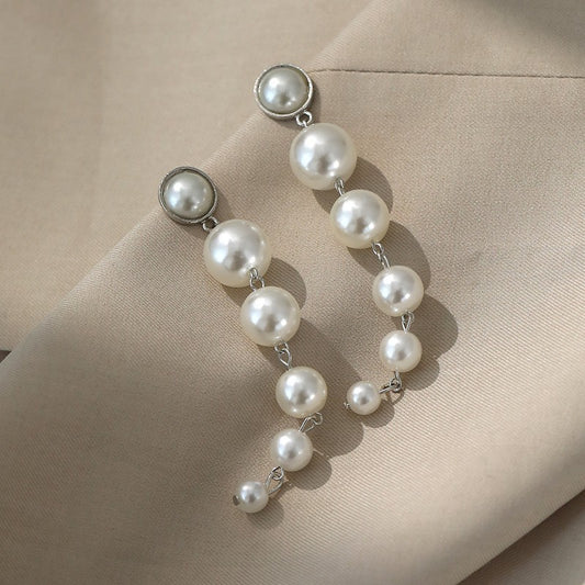 6 Pairs - Exaggerated Pearl Long Earrings - Silver (1 Pair Price - 30)