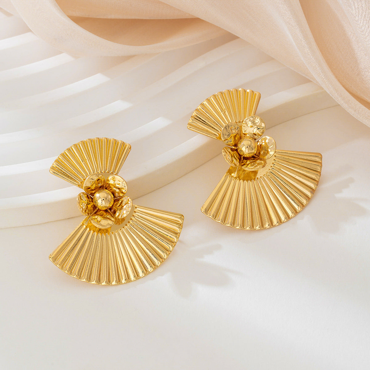 6 Pairs - Geometric Pleated Fan-Shaped Flower Metal Earrings (1 Pair Price - 33)