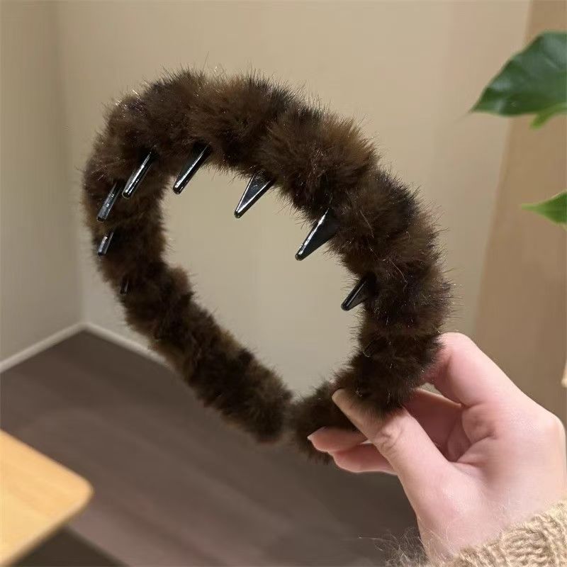 6 Pc - Korean Style Retro Leopard Print Toothed Plush All-Match Headband (Mix Color) (Unit Price - 22)