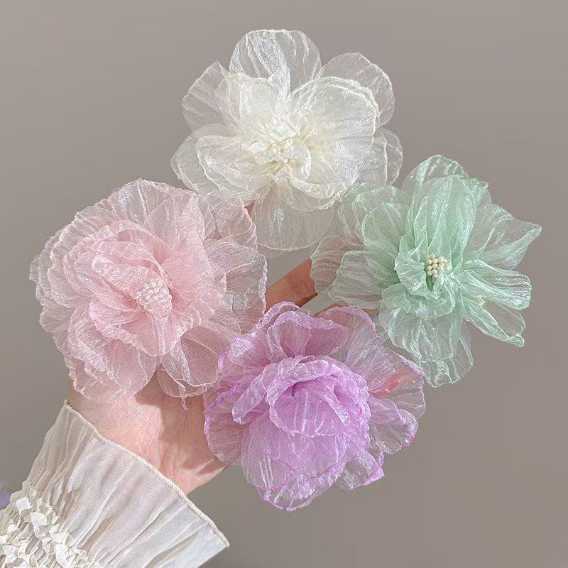 3 Pc - Super Fairy Princess Style Tulle Camellia Flower Hair Clip for Girls - White (1 Pc Price - 23)