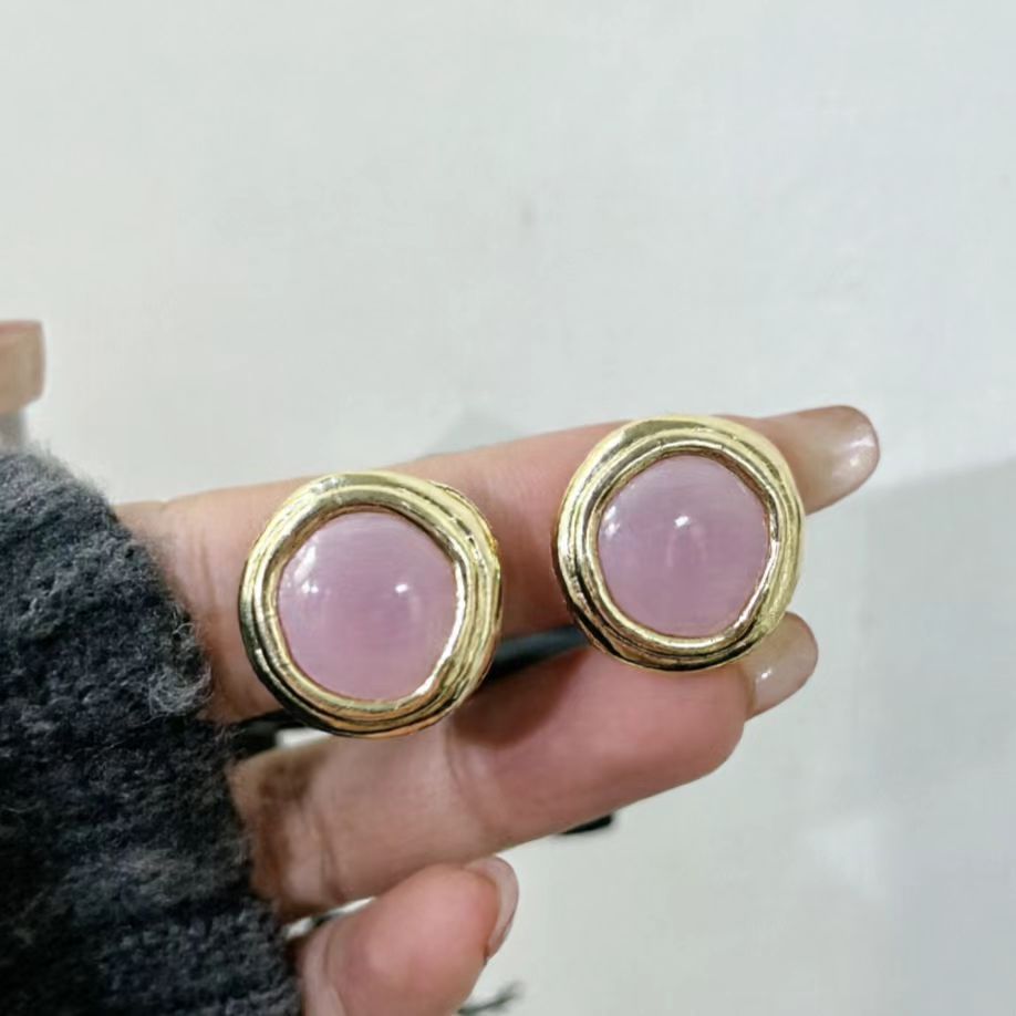 6 Pairs - Korean minimalist and elegant round pink cat's eye stone earrings  (1 Pair Price - 27)