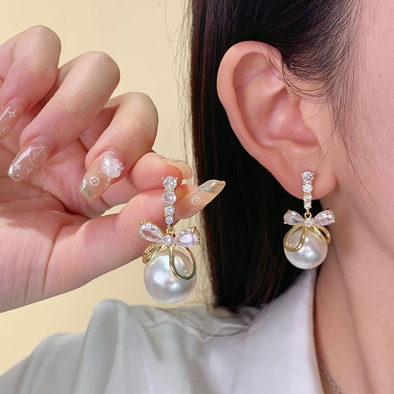 6 Pairs - Super Shiny Zircon Bowknot Pearl Silver Needle Earrings (Mix Color) (1 Pair Price - 42)