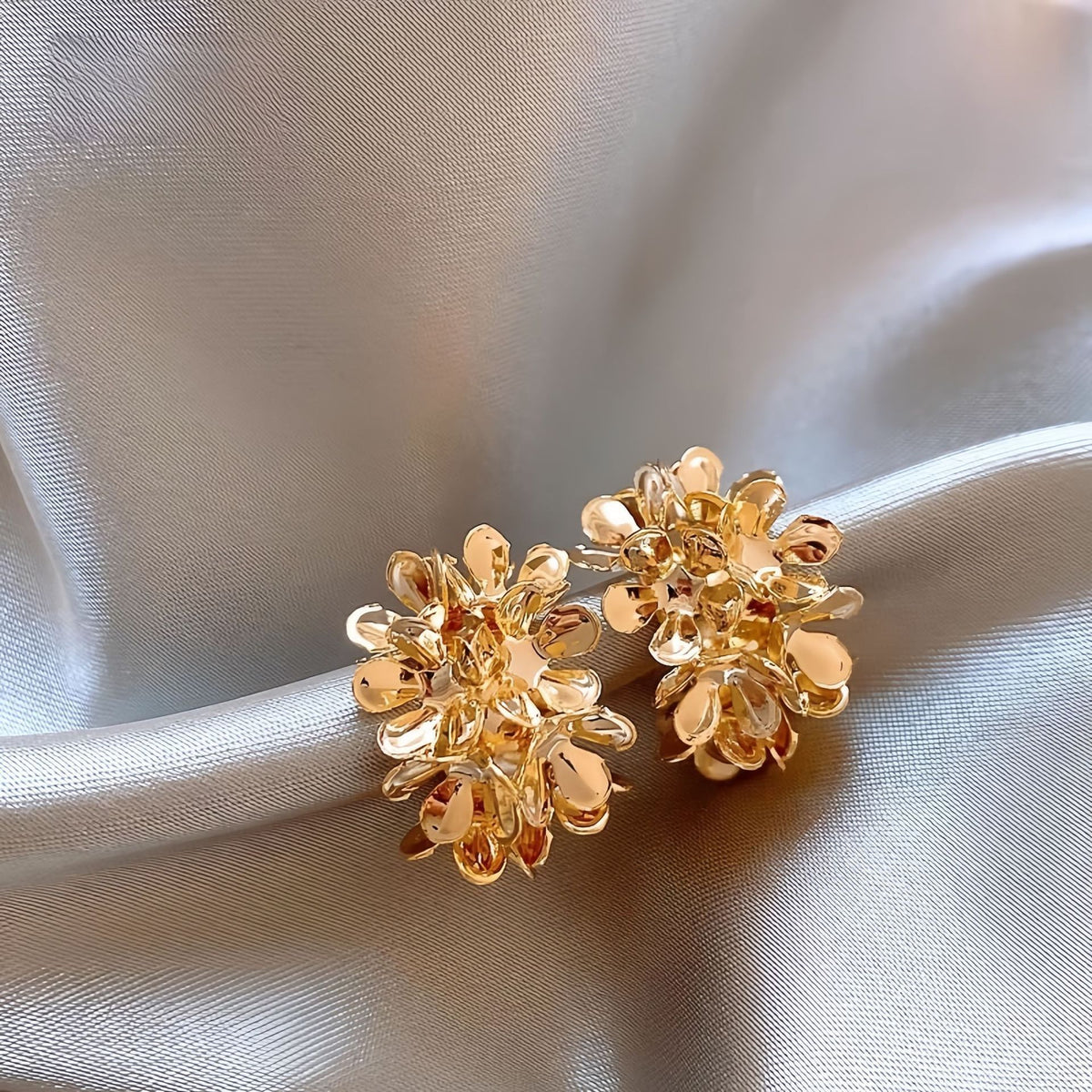 6 Pairs - Floral Cluster Flower C-Shaped Earrings - Golden (1 Pair Price - 30)
