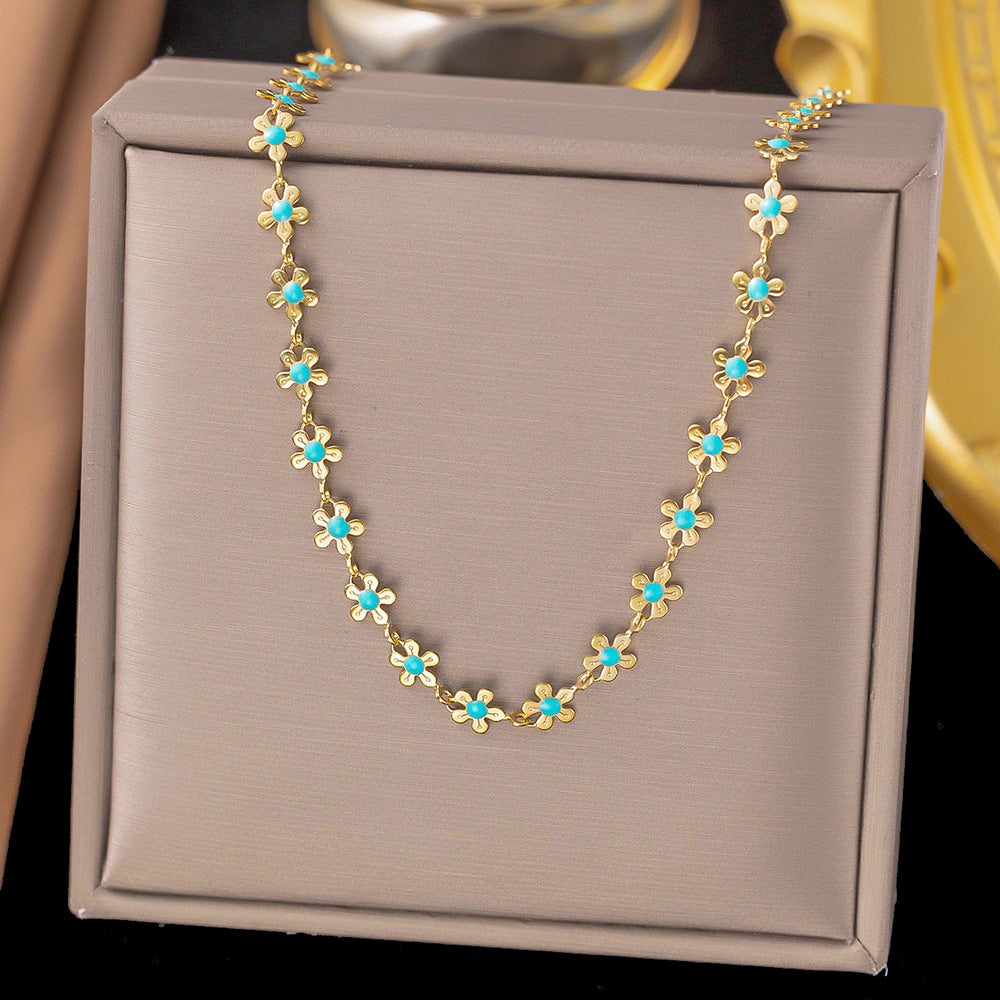 3 Pc - Anti Tarnish Single- oilsided dripping blue flower necklace gold (1 Pc Price - 133)