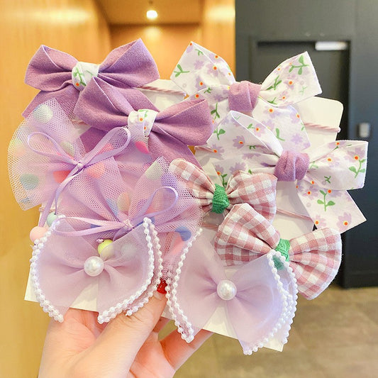 Children's fabric flower bow hair rope - Purple (10 pc set)