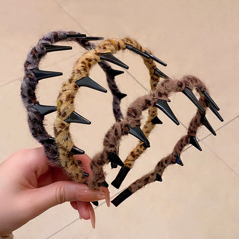6 Pc - Plush Leopard Print Toothed Non-Slip Headband (Mix Color) (Unit Price - 20)