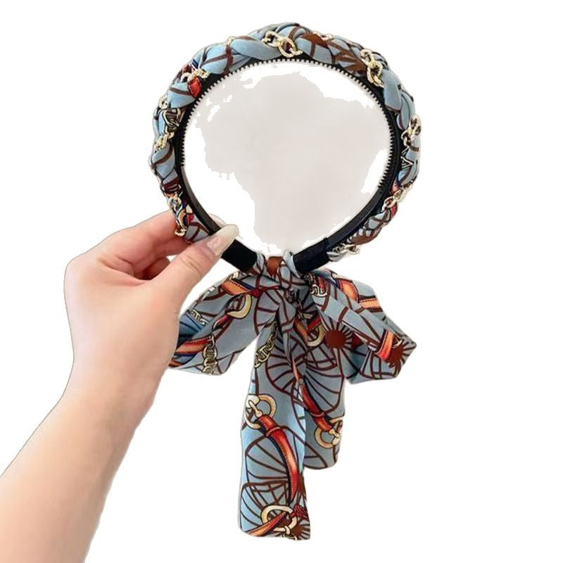 3 Pc - Retro printed ribbon tooth comb headband hair tie - Blue (Unit Price - 33)