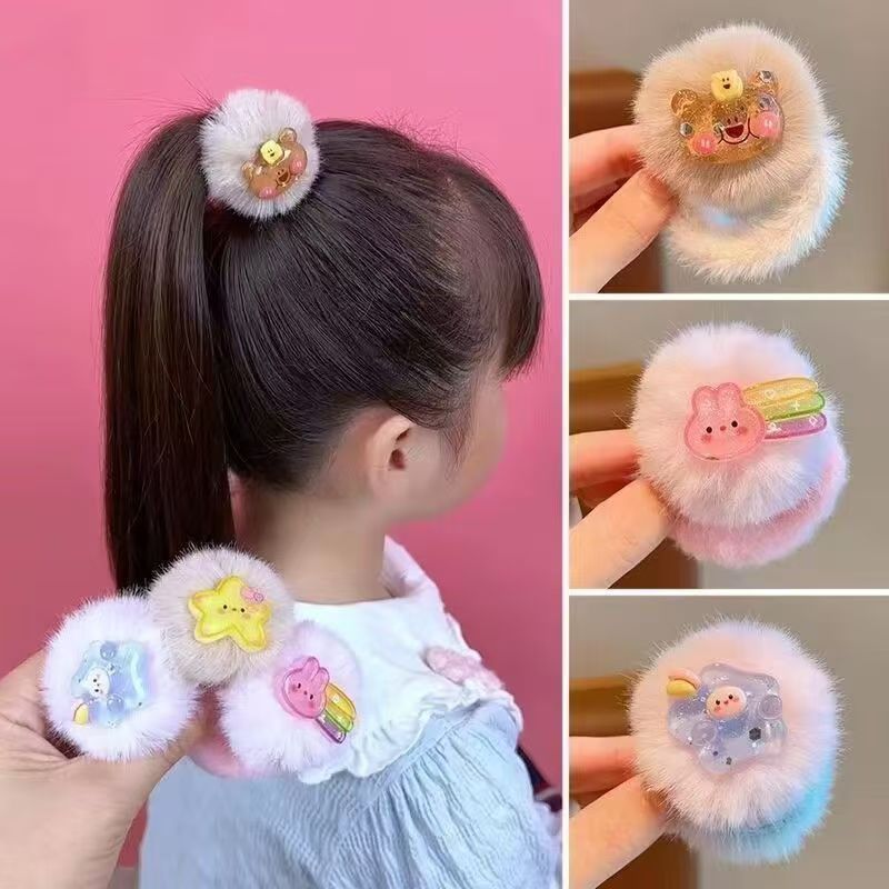 3 Pc - Peach rabbit Fur Rubberband (Unit Price - 12)