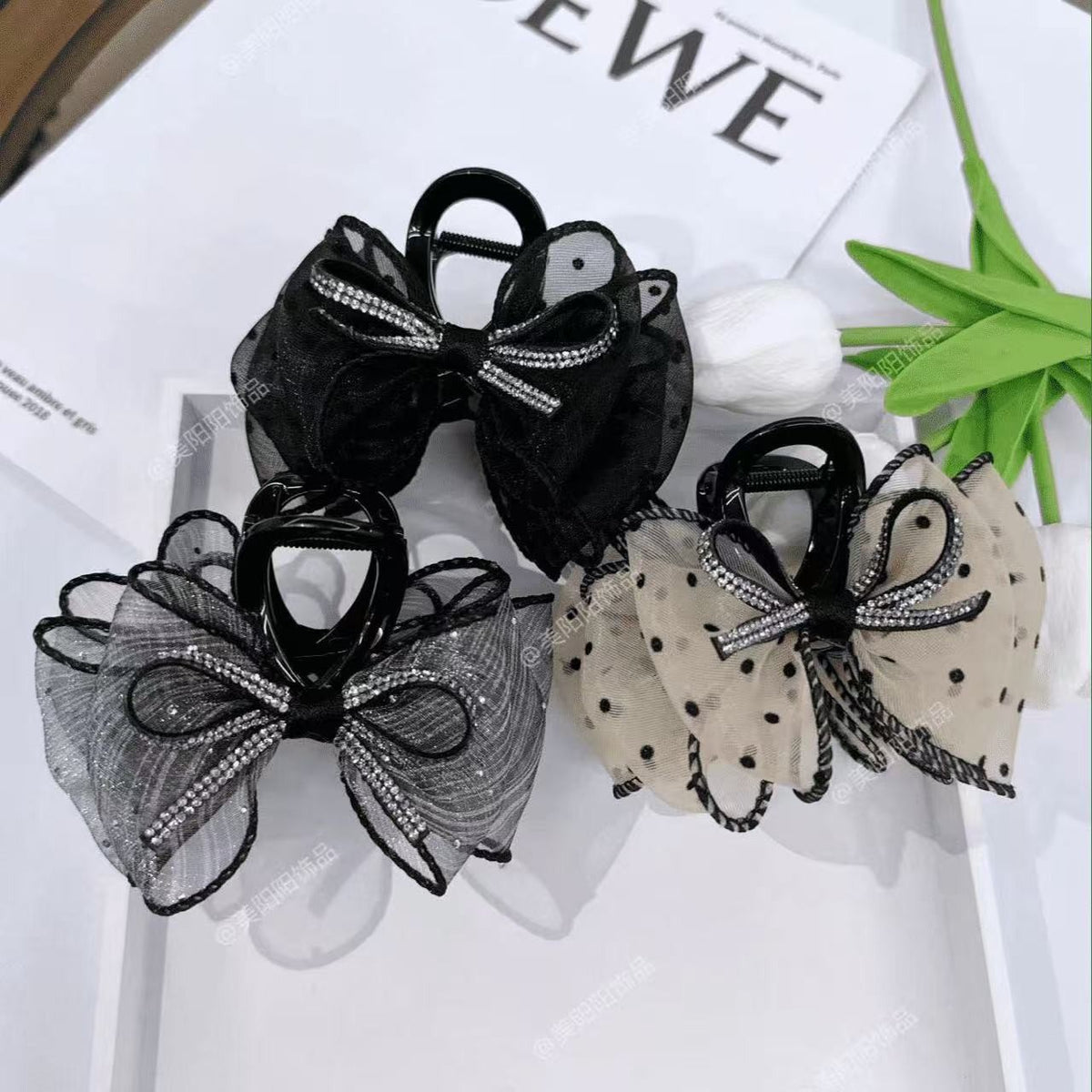 6 Pc - Shiny Bowknot Polka Dot Mesh Bubble Hair Clip Clutcher (Mix Color) (Unit Price - 39)