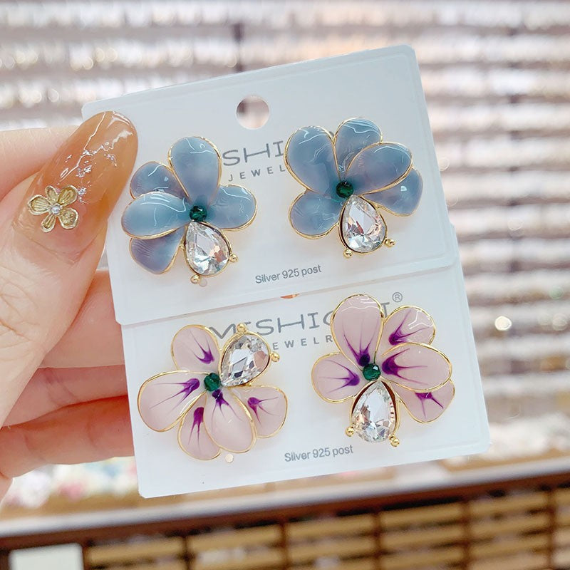 6 Pairs - Oil-Drip Petal Zircon Earrings (Mix Color) (1 Pair Price - 43)